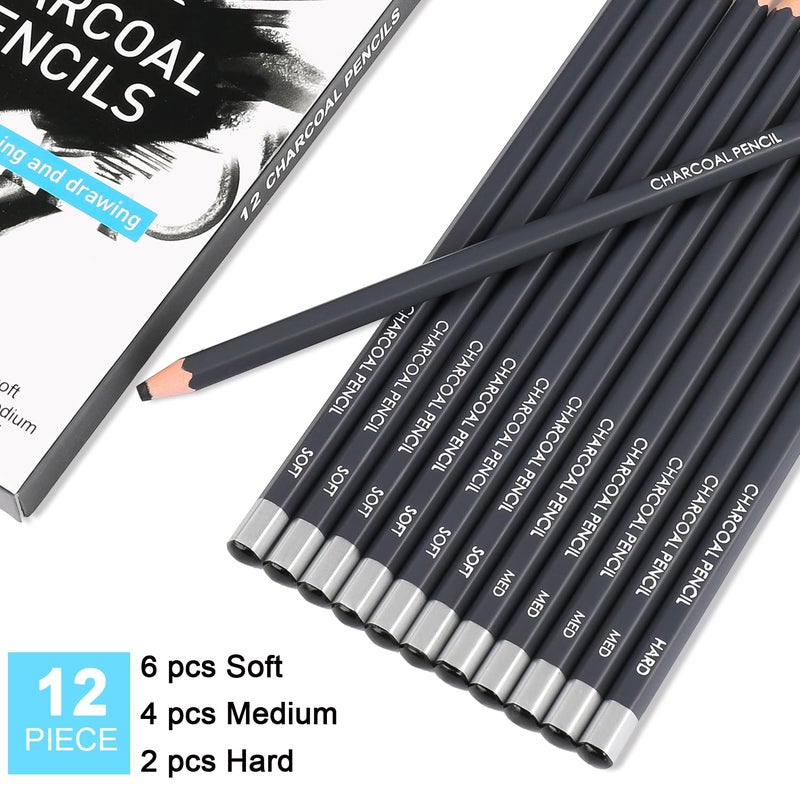 Sunshilor Professional Charcoal Pencils Drawing Set, 12 Pieces Soft Medium Hard Charcoal Pencils for Drawing, Sketching, Shading, Artist Pencils for Beginners & Artists - Image 2